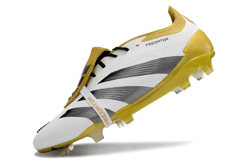 Chuteira Adidas Predator Elite Tongue FG - Branca, Dourada e Preta