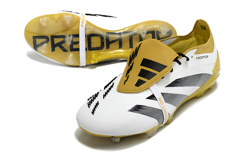 Chuteira Adidas Predator Elite Tongue FG - Branca, Dourada e Preta