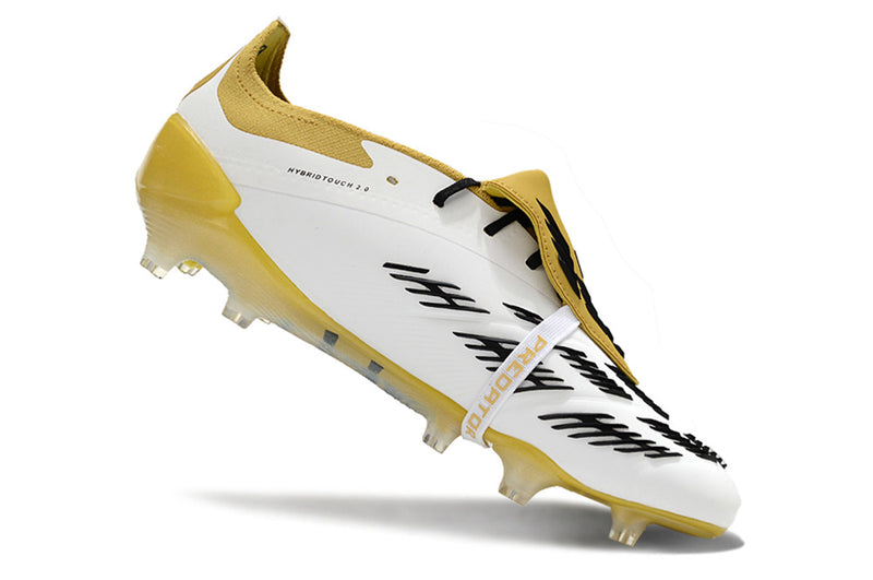 Chuteira Adidas Predator Elite Tongue FG - Branca, Dourada e Preta