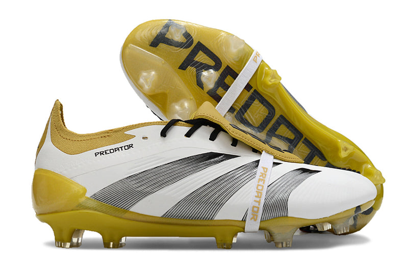 Chuteira Adidas Predator Elite Tongue FG - Branca, Dourada e Preta